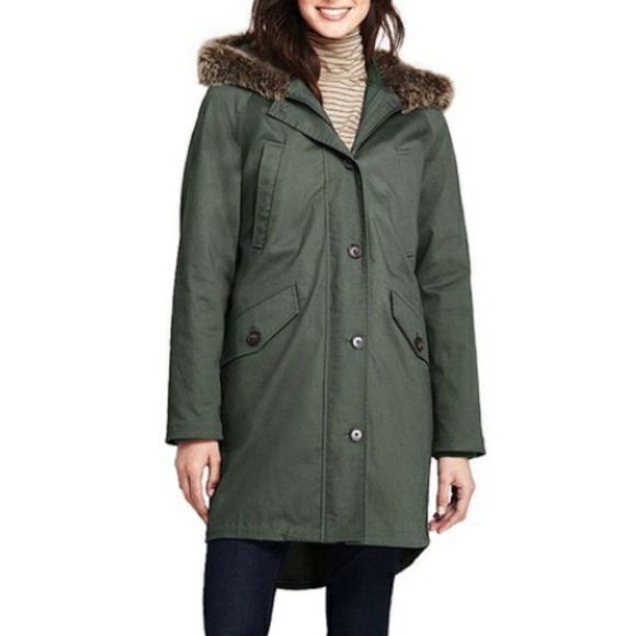 Lands' End Olive Utility Jacket with Faux Fur Hood 1X (16W & 18W) - Picture 1 of 10